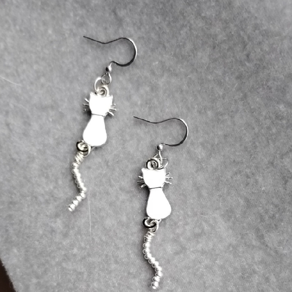 Hand Crafted Jewelry - Hand Crafted White Enamel Cat With Sterling Silver Earrings